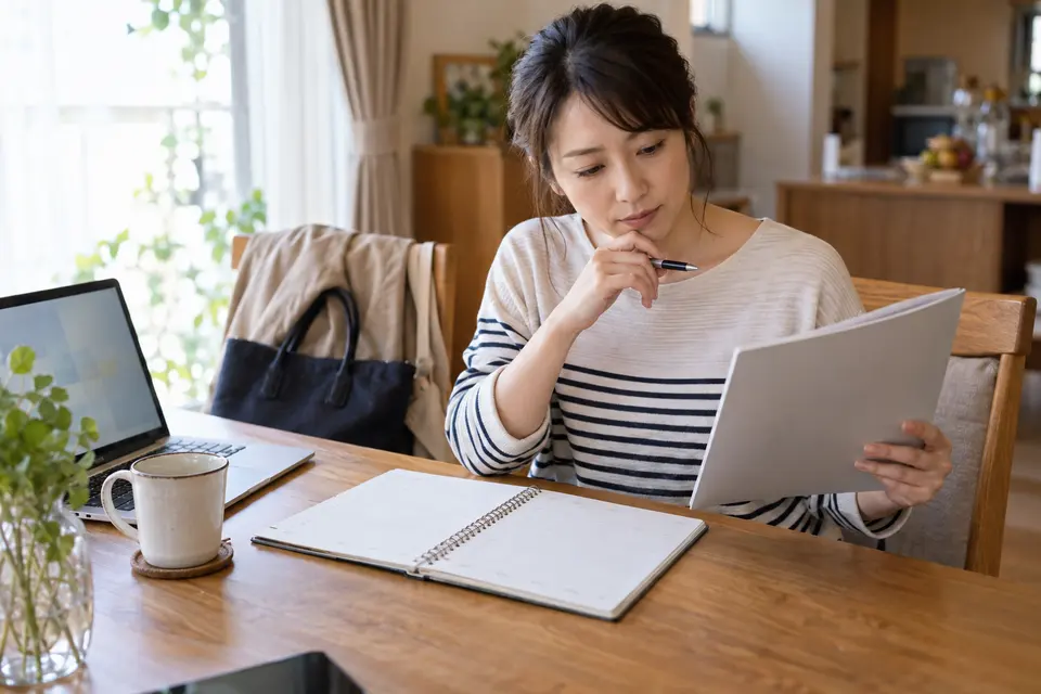 仕事後に週間予定と講座の冊子を見比べる人のイメージ